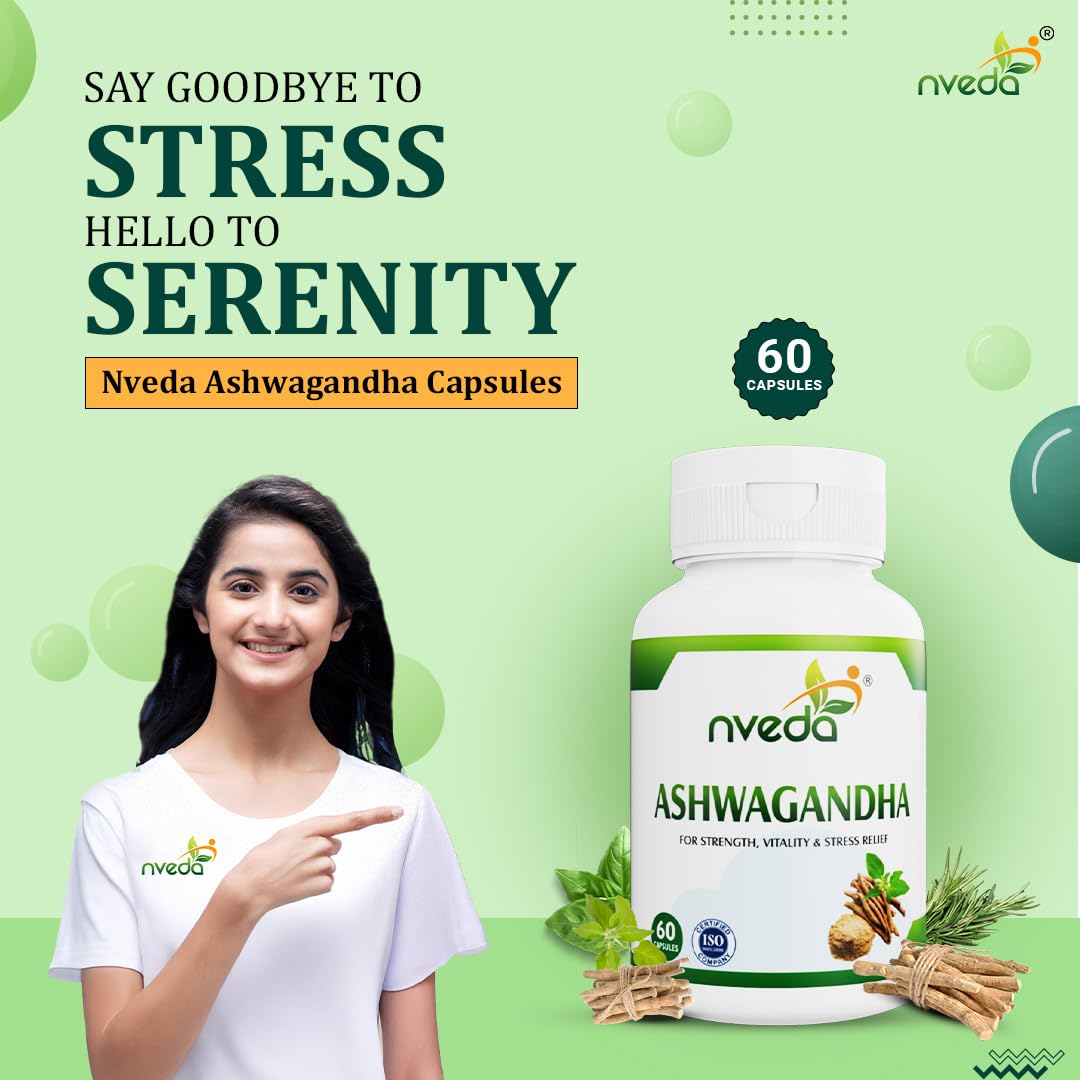 Nveda Ashwagandha 60 Capsules, Anxiety & Stress, Ashwagandha for Men & Women, Boosts Vitality, Improves Strength & Energy, Ashwagandha Capsule (500gm)