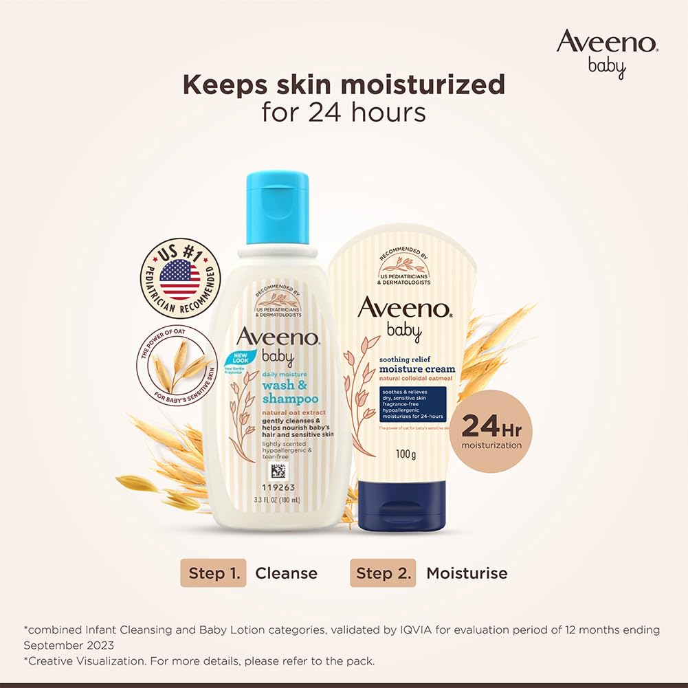 Aveeno Baby Soothing Relief Moisture Cream 100G | 24 Hr Protection for Dry, Itchy, Sensitive Skin | Clinically Proven | Active Oats|Us Pediatrician Recommended | Hypoallergenic, Fragrance-Free & Paraben-Free