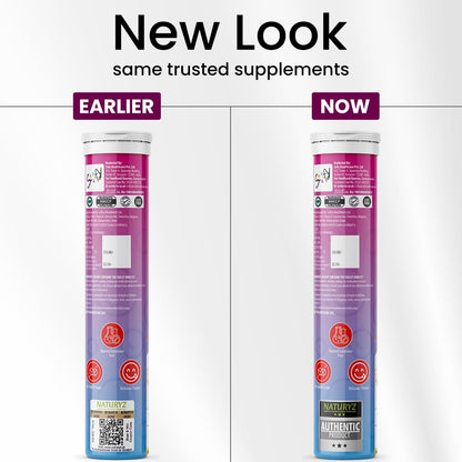 Two versions of a supplement tube labeled 'Earlier' and 'Now' with text 'New Look, same trusted supplements'.
