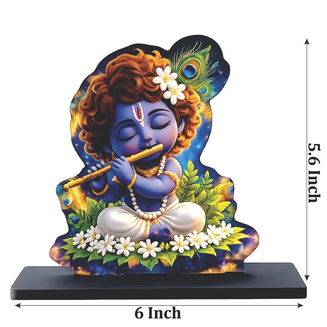 Wooden Bal Krishna Playing Flute | Spiritual Tabletop Showpiece for Home, Office Desk, Temple, Living Room Decor, Religious Gift Item (5.6 x 6 Inch)