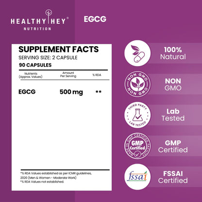 Supplement facts label for Healthy Hey Nutrition EGCG capsules on a purple background with certification logos.