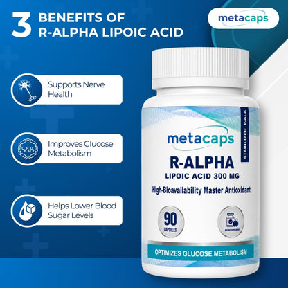 MetaCaps High-Absorption R-Alpha Lipoic Acid (R-ALA) 300mg – 90 Veg Capsules | Stabilized Bio-Enhanced Formula | Advanced Nerve Support & Glucose Metabolism | Master Antioxidant for Cellular Energy | Non-GMO & Vegan
