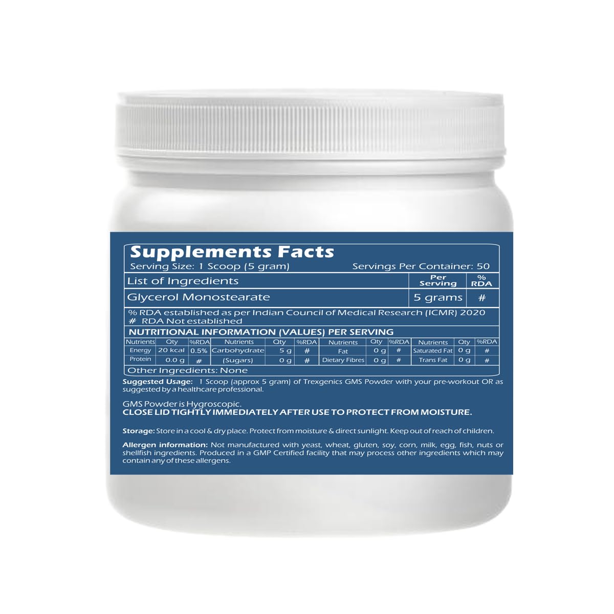 Trexgenics GLYCEROL MONOSTEARATE GMS Pure & Premium Powder Pre-Workout, > 40% Monoglycerides content 50 servings (250 gram)