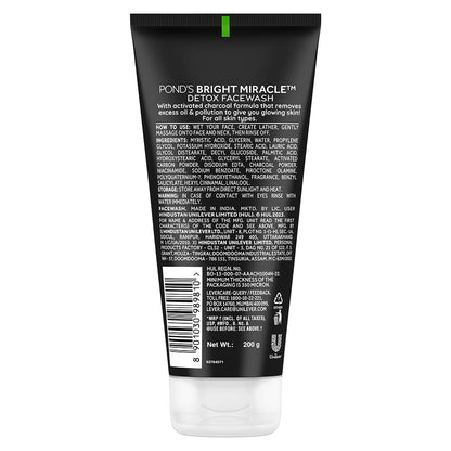 POND'S Pure Detox Face Wash 200 g|| Daily Exfoliating & Brightening Cleanser|| Deep Cleans Oily Skin - With Activated Charcoal for Fresh|| Glowing Skin