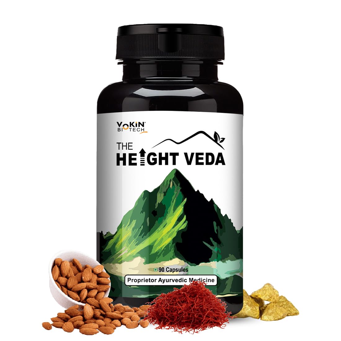 Bottle of 'The Height Veda' with ingredients on a white background