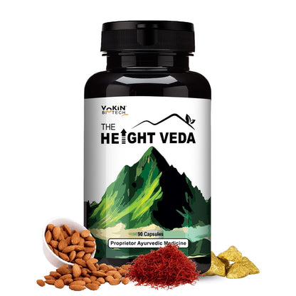 Bottle of 'The Height Veda' with ingredients on a white background