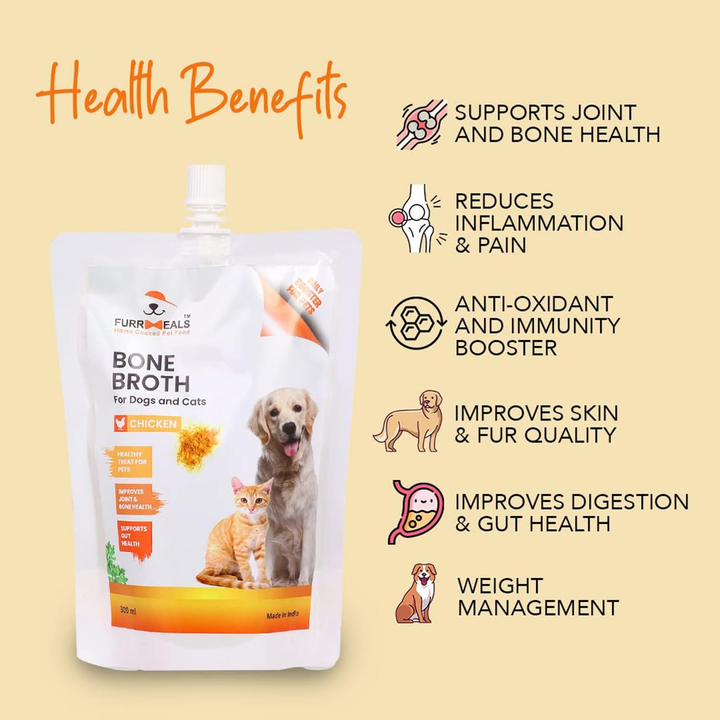 FurrMeals Chicken Bone Broth for Dogs & Cats | Food Topper for Picky Eaters | Rich in Natural Collagen for Bone & Gut Health | Hydration Support | Human Grade | No Preservatives | 300ml