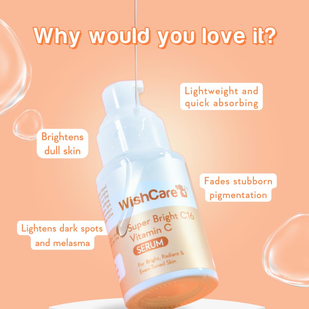 WishCare Super Bright C10 Serum bottle with text on an orange background