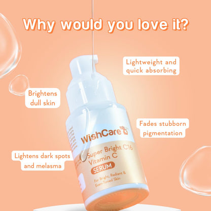 WishCare Super Bright C10 Serum bottle with text on an orange background