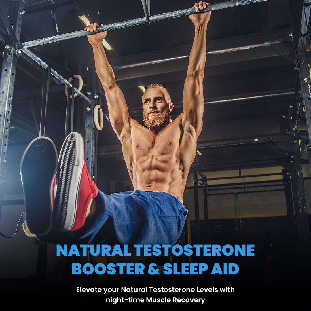 Man performing pull-ups in a gym with text about natural testosterone booster and sleep aid.