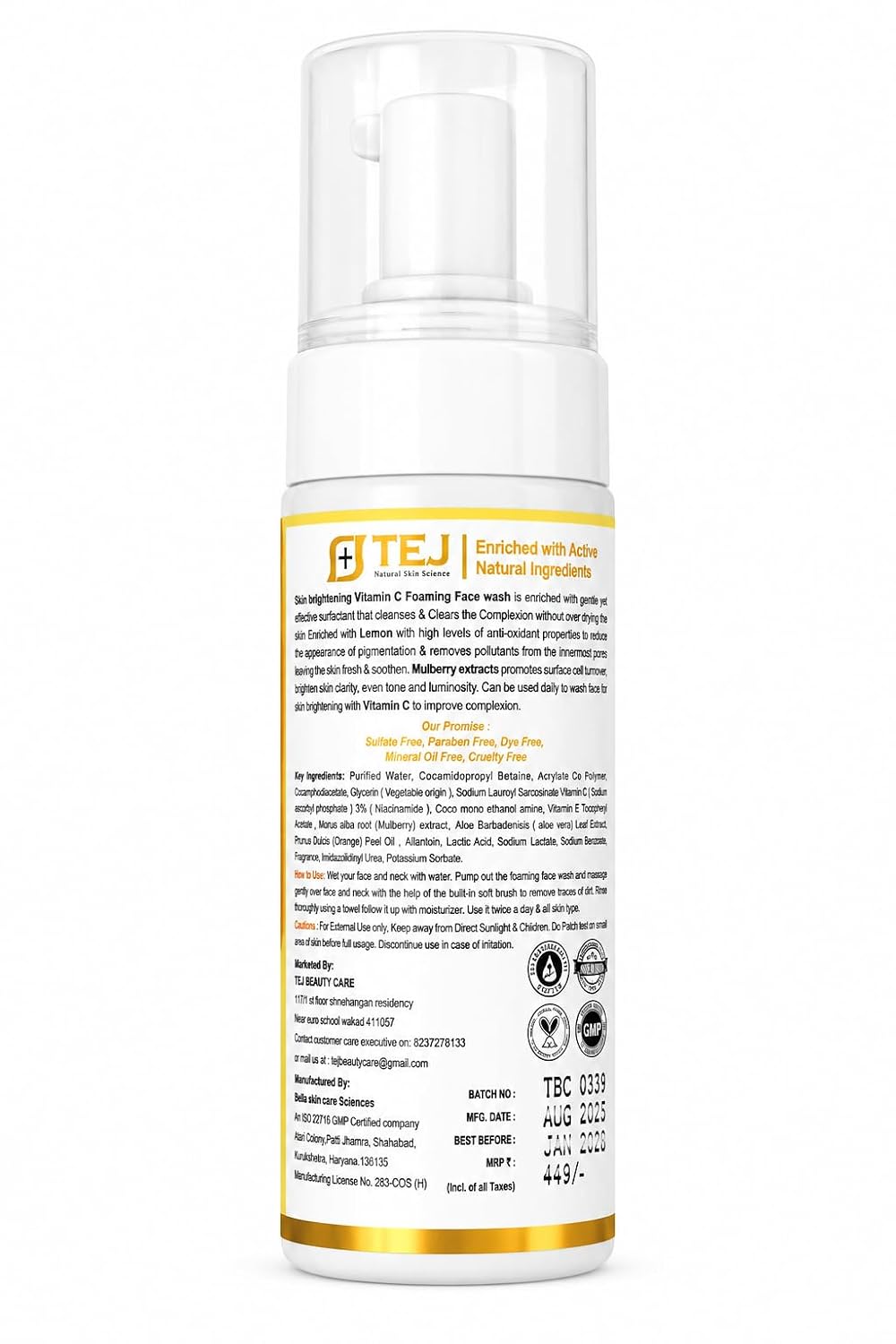 TEJ BEAUTY CARE Vitamin C Foaming Face Wash for Gentle Facial Cleansing Brightening and Natural Glow | Daily Refreshing Foam Cleanser for Soft Hydrated Complexion (100 ml)