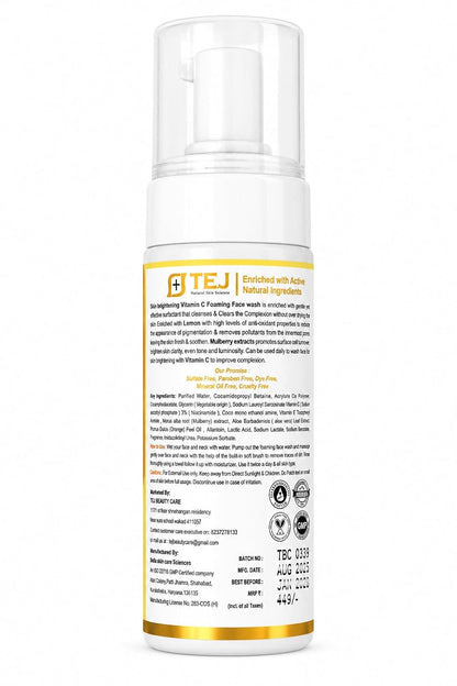 TEJ BEAUTY CARE Vitamin C Foaming Face Wash for Gentle Facial Cleansing Brightening and Natural Glow | Daily Refreshing Foam Cleanser for Soft Hydrated Complexion (100 ml)