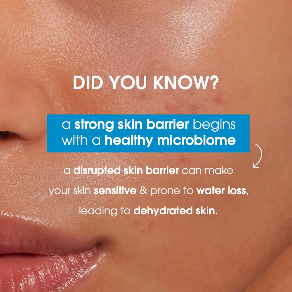 Close-up of skin with text about a strong skin barrier and healthy microbiome.
