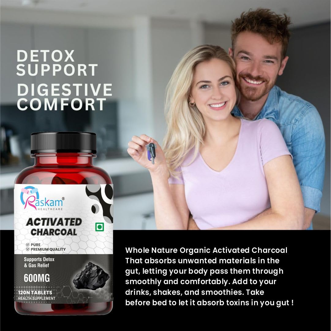 Activated Charcoal 600mg – Natural Detox & Digestive Cleanser | Supports Bloating Relief & Gas | 120 Vegan Tablets