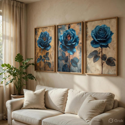 Blue Rose Floral Wall Painting Set of 3 with Wooden Frames | Elegant Botanical Flower Artwork HD Sparkle Laminated MDF Wall Decor | Modern Rose Wall Art for Living Room Bedroom