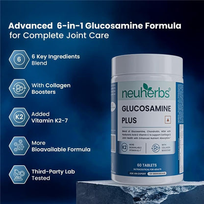 Neuherbs Glucosamine Plus 1500mg - 60 Tablets| Glucosamine Chondroitin MSM with Hyaluronic Acid, Vitamin C & K2-7 | Helps Joint Pain Relief, Cartilage Repair, Knee Support & Mobility