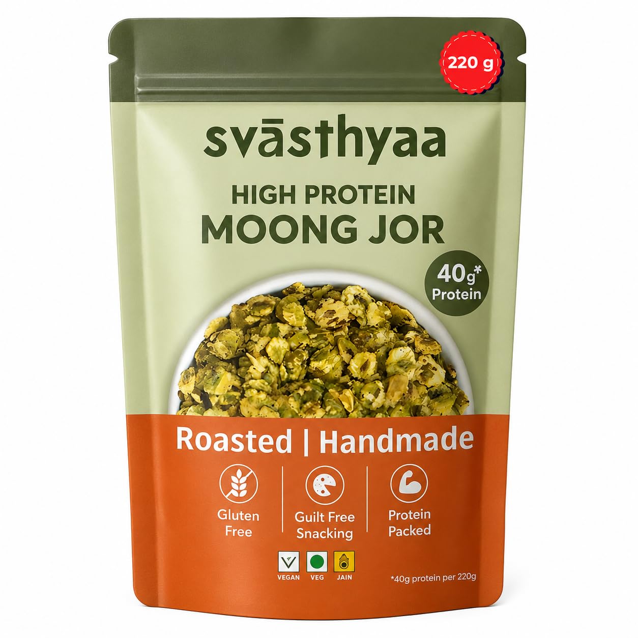 Svasthyaa High Protein Moong Jor | Roasted Moong Dal Namkeen Snack | Healthy Vegetarian Dal Snack for Adults & Kids | Gluten Free, Vegan & Jain | Breakfast, Travel, Diet Friendly | Healthy Roasted Snacks | 220g