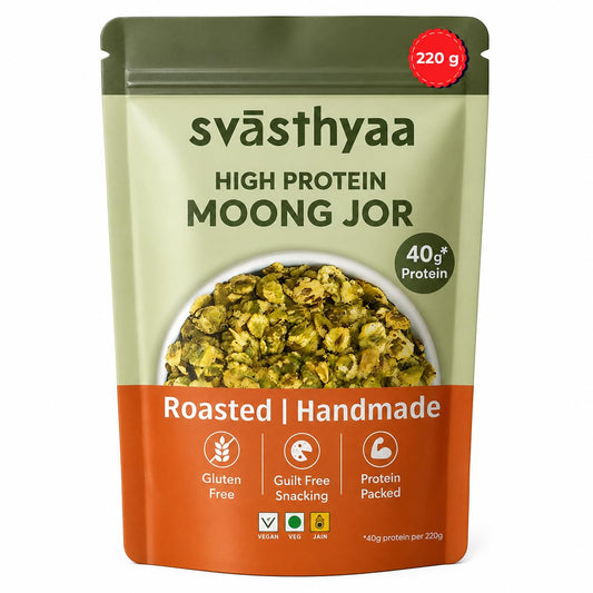 Svasthyaa High Protein Moong Jor | Roasted Moong Dal Namkeen Snack | Healthy Vegetarian Dal Snack for Adults & Kids | Gluten Free, Vegan & Jain | Breakfast, Travel, Diet Friendly | Healthy Roasted Snacks | 220g