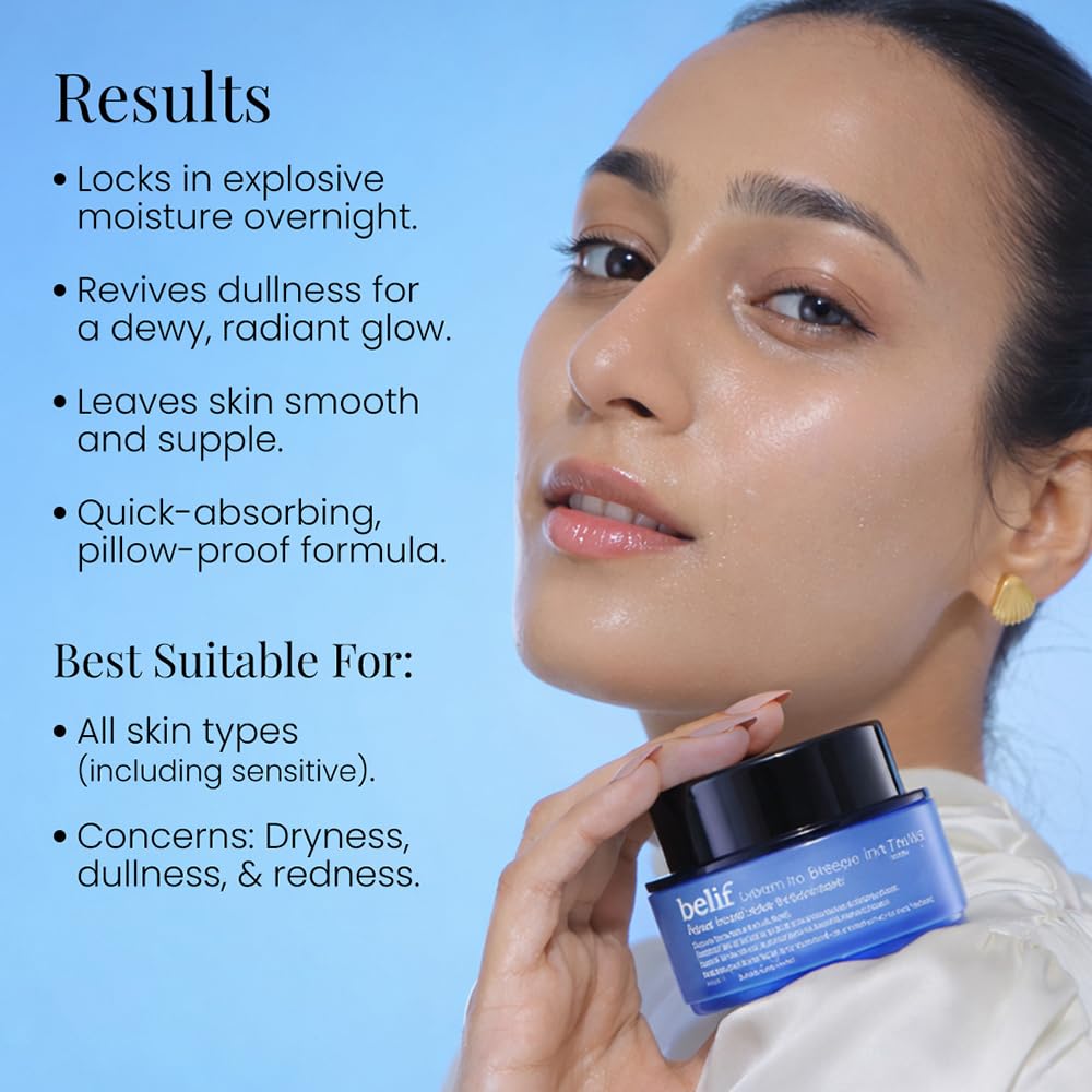Woman holding a blue skincare jar with product benefits listed on a light blue background