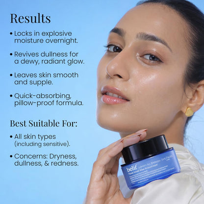 Woman holding a blue skincare jar with product benefits listed on a light blue background