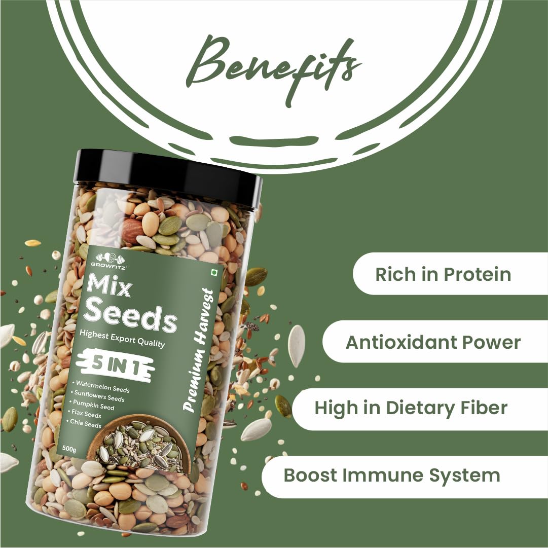 Growfitz 5-in-1 Super Seed Mix | 500g | 20.5g High Protein & Fiber | Roasted Pumpkin, Sunflower, Flax, Chia, Soy Nuts & Sesame | Healthy Snack | Export Quality Superfood