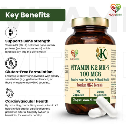 Nutraliebe Vitamin K2 (as MK-7 Menaquinone-7) – High Bioavailability Formula for Bone Strength, Calcium Absorption & Heart Health | Supports Arterial Flexibility | 90 Veg Capsules | Non-GMO & Gluten-Free
