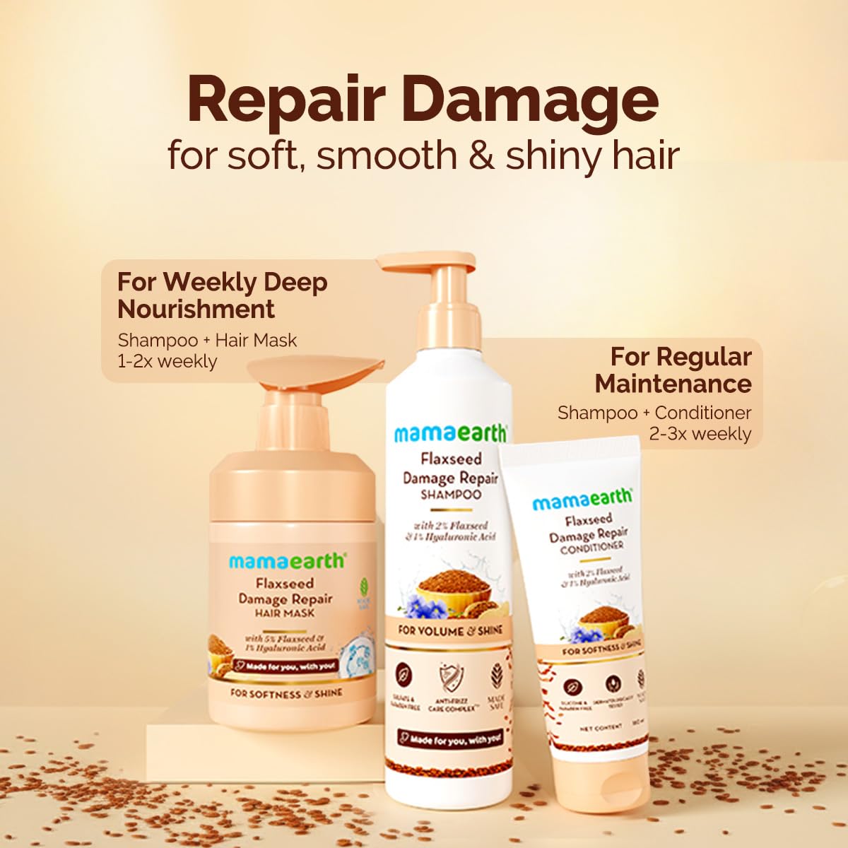 Mamaearth Flaxseed Damage Repair Shampoo with 2% Flaxseed, 1% Hyaluronic Acid, Ceramides for Volume & Shine | 100% Damage Repair | Soft, Smooth & Shiny Hair | Dry & Frizzy Hair | Sulphate & Paraben Free | 250 ml
