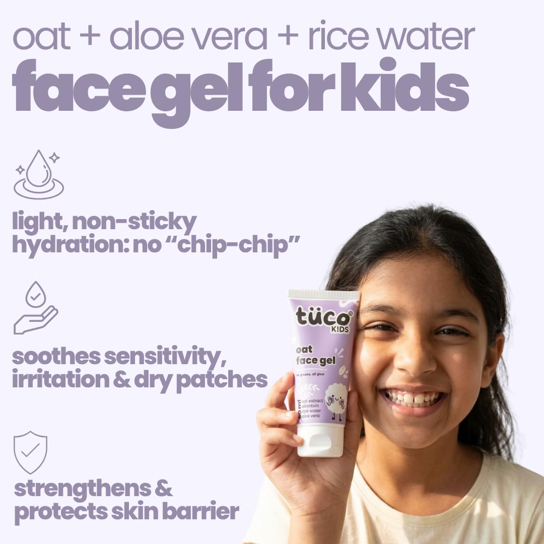 Tuco® Kids Oat Face Gel for Kids, 3-12 Years Age | Lightweight Daily Face Moisturiser, Oat Extract, Rice Water, Aloe Vera & Allantoin, Clinically Tested, Paraben & SLS Free