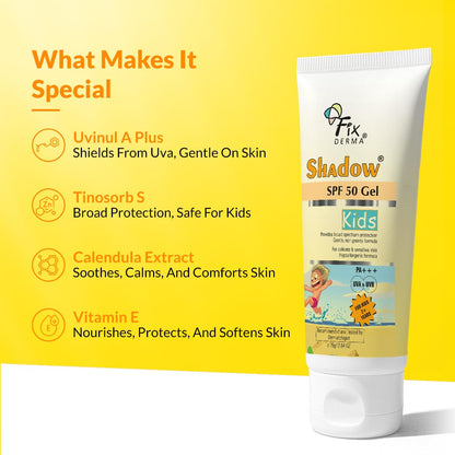 Fixderma Shadow Sunscreen SPF 50+ Gel for Kids PA+++ | Broad Spectrum Sunscreen for UVA & UVB Protection, Non-Greasy & Water Resistant - For Kids 2+ Years Age, 75gm