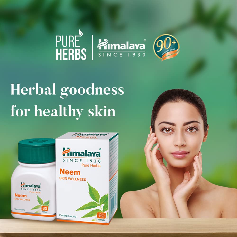 Himalaya Pure Herbs Neem skincare products with a woman touching her face against a green background.
