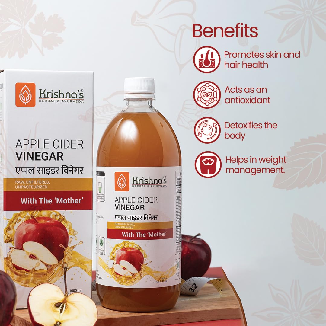 Krishna's Apple Cider Vinegar With Raw Unfiltered ACV With Mother, Unpasteurized for For Weight Management Routine & Active Lifestyle - 1000 ml (Pack of 1)