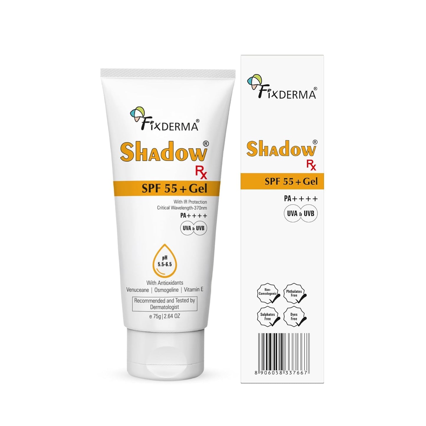 Fixderma Shadow RX Sunscreen SPF 55+ Gel PA++++ for Oily Skin | Sunscreen for Body & Face with UVA, UVB, IR Protection and Vitamin E - 75gm