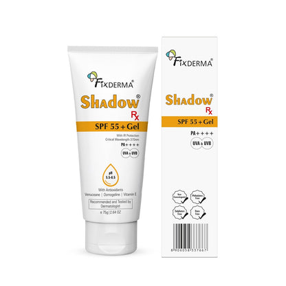 Fixderma Shadow RX Sunscreen SPF 55+ Gel PA++++ for Oily Skin | Sunscreen for Body & Face with UVA, UVB, IR Protection and Vitamin E - 75gm