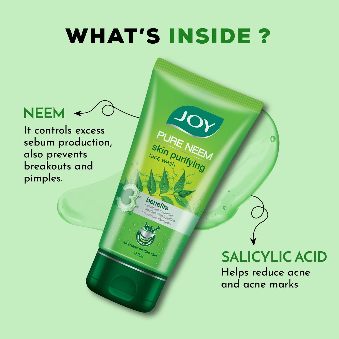 Joy Skin Purifying Neem Face Wash for Oily & Acne-Prone Skin | Fights Pimples, Controls Excess Oil & Unclogs Pores | Natural Antibacterial Formula | Men & Women 150ml
