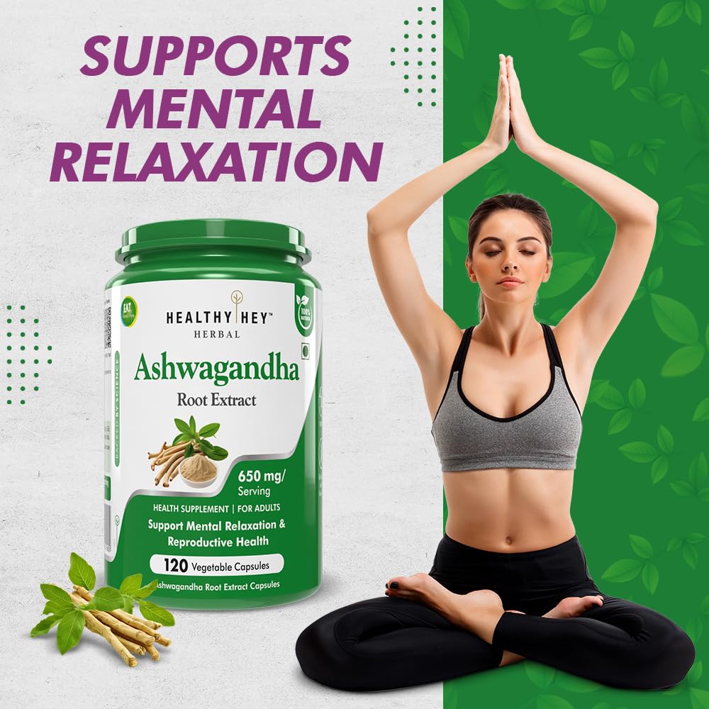 Healthy Hey Ashwagandha Root Extract supplement with a woman practicing yoga on a green background