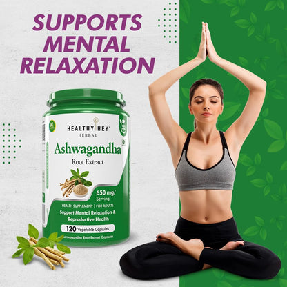 Healthy Hey Ashwagandha Root Extract supplement with a woman practicing yoga on a green background