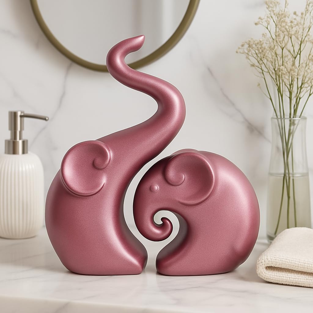 Lavish Rose Gold Home Decor Elephant Couple | Ceramic Figurines | Launched for The First time in India (Set of 2, Rose Gold Matte)
