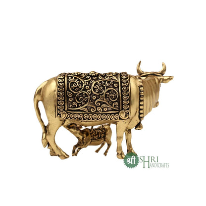 Handcrafted Brass Cow with Calf for Good Luck | 2" Kamdhenu Gau MATA Idol Spiritual Vastu Nandi Pooja Figurine Sculpture for Home and Office (Weight- 70gm)