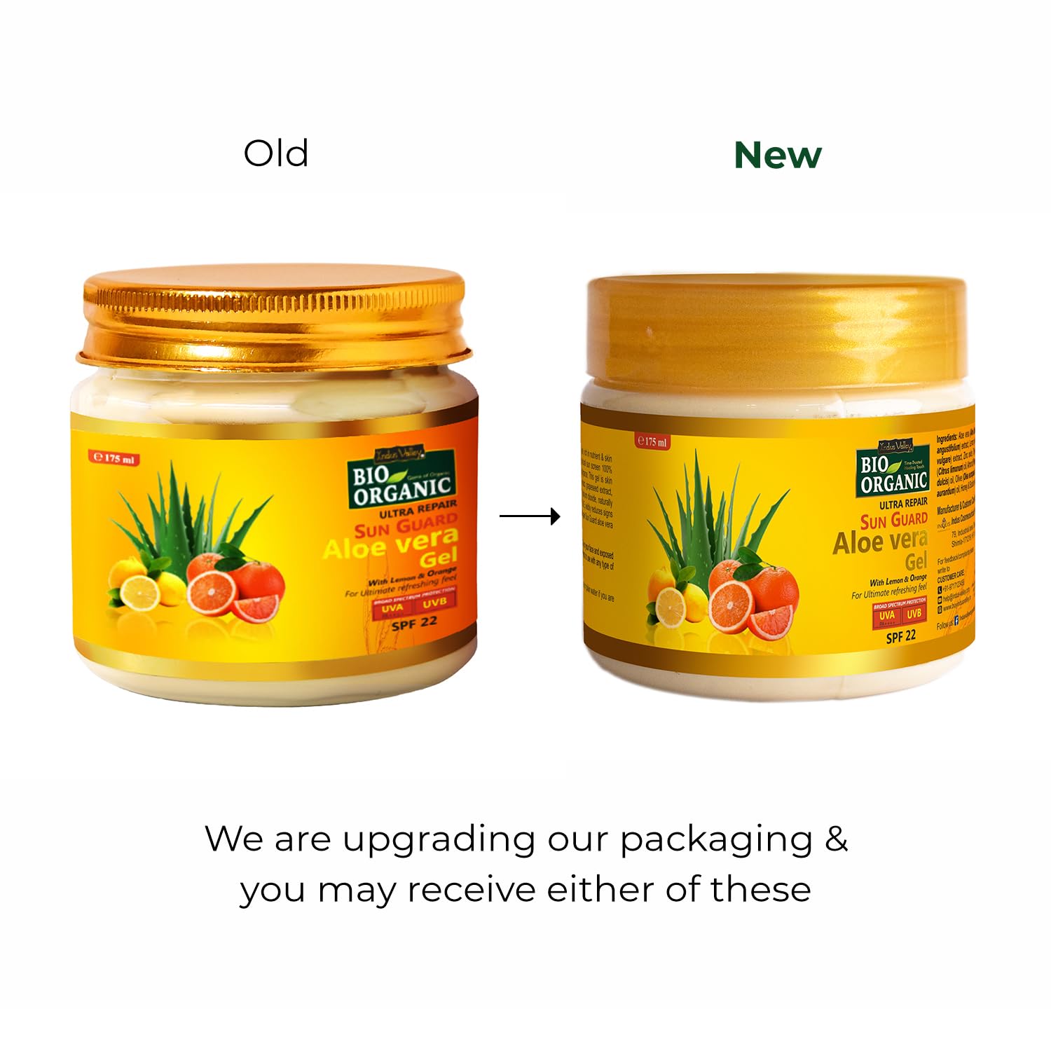 Comparison of old and new packaging for Bio Organic Sun & Sea Aloe Vera Gel.