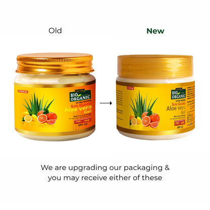 Comparison of old and new packaging for Bio Organic Sun & Sea Aloe Vera Gel.