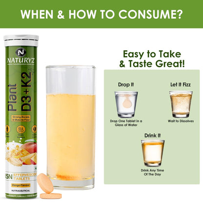Naturyz Plant D3+K2 supplement with a glass of liquid and instructions on consumption.