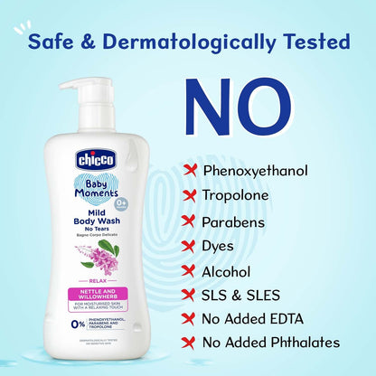 Chicco Baby Moments Mild Body Wash Relax, New Advanced Formula with Natural Ingredients, No Tears & Soap-Free, Mild formula for Baby’s Body & Face Wash, No Phenoxyethanol and Parabens (200ml)