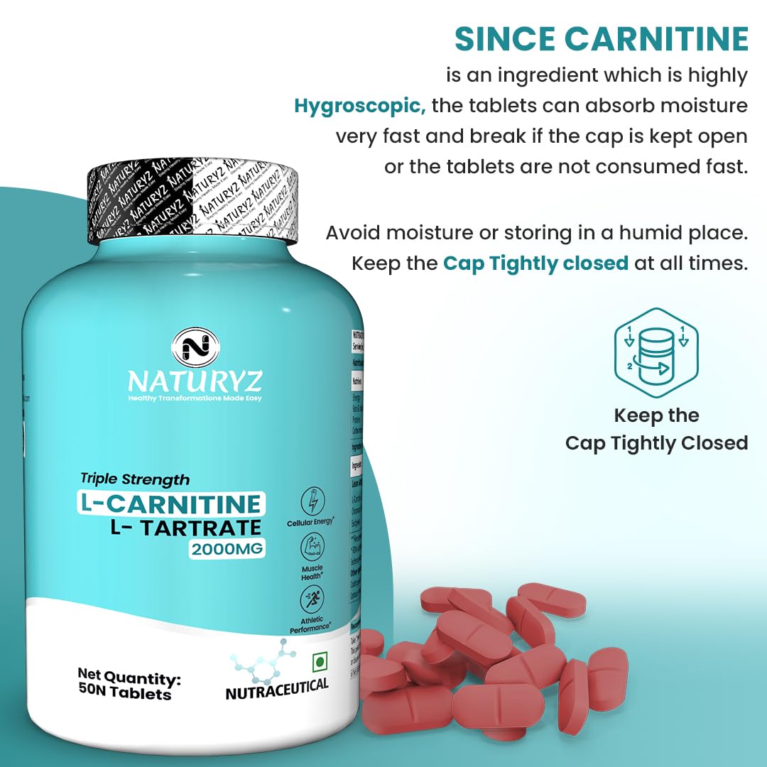 Naturyz Triple Strength L-Carnitine L-Tartrate 2000 Mg Converts Fat Into Energy|Cellular Energy & Endurance|Athletic Performance|Cutting Supplement - 50 Tablets,1 Count,50 Capsules
