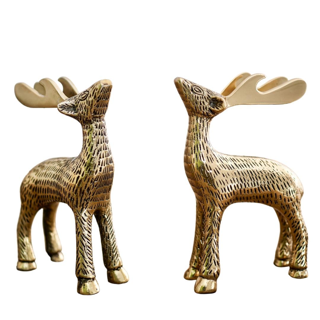 BEHOMA Antique Golden Metal Christmas Reindeer Figurine - 2 Pcs