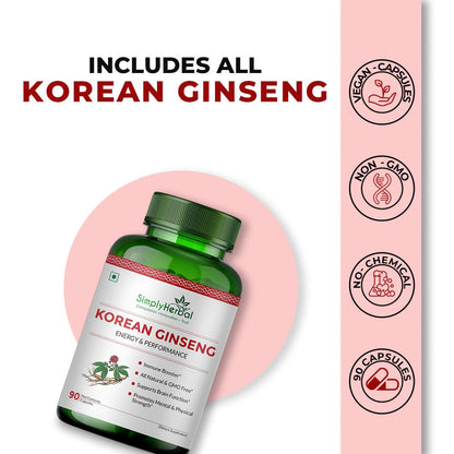 Simply Herbal Korean Red Ginseng 1000mg – 90 Veg Capsules | Energy, Vitality & Stamina Support | Herbal Adaptogen Supplement for Men & Women