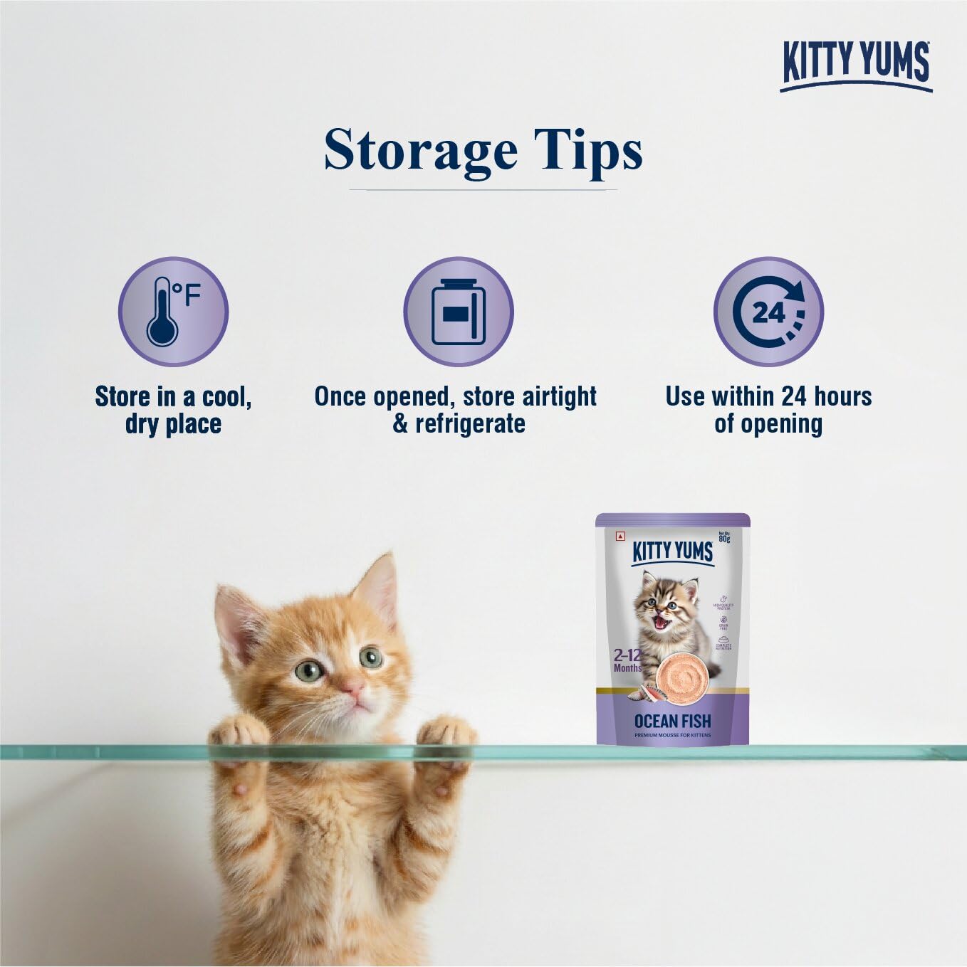 Kitty Yums Kitten Wet Mousse 80g | Ocean Fish | Rich in Protein | Promotes Hydration & Easy to Digest | Grain Free | No Artificial Flavours |Packed with Essential Vitamins & Antioxidants