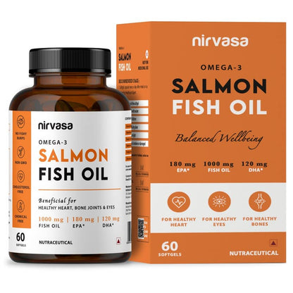 Nirvasa Omega-3 Salmon Fish Oil Capsules (1000mg, 60 Softgels) | High-Potency 180mg EPA & 120mg DHA | Supports Heart, Brain, Eye & Bone Health | No Fishy Burps | For Men & Women