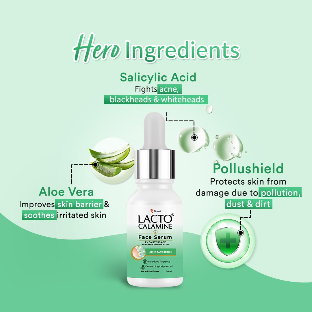 Lacto Calamine 2% Salicylic Acid Face Serum | 30ml | Face Serum For Acne, Blackheads, Oil control, Open Pores & Clear Skin | Dermatologically Tested & Fragrance Free