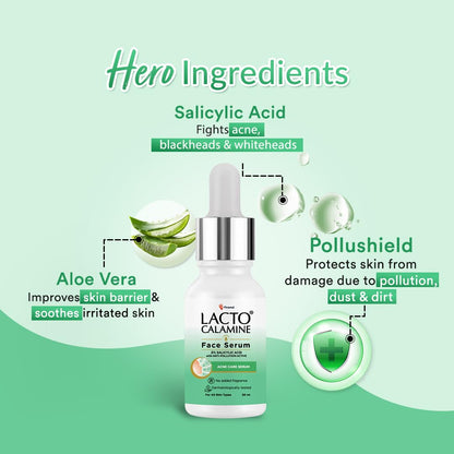 Lacto Calamine 2% Salicylic Acid Face Serum | 30ml | Face Serum For Acne, Blackheads, Oil control, Open Pores & Clear Skin | Dermatologically Tested & Fragrance Free