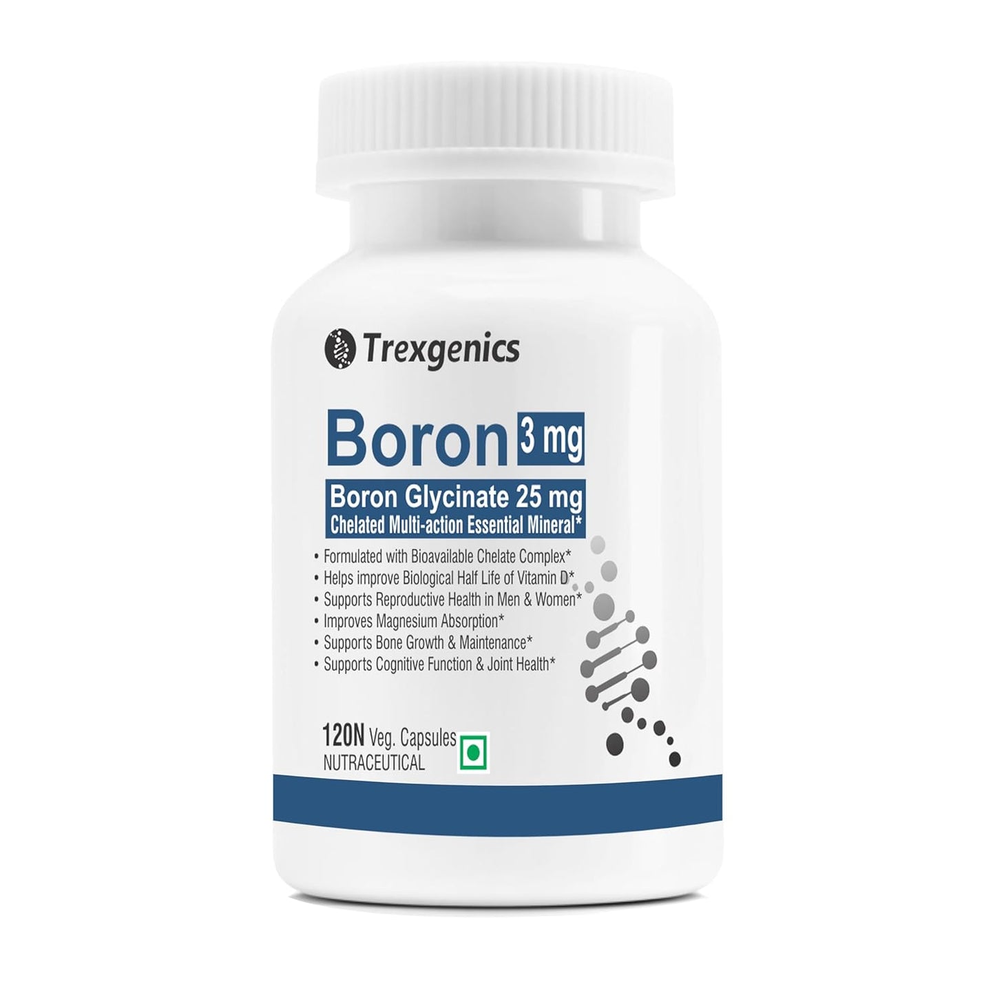 Trexgenics Boron 3 mg from Boron Glycinate 25 mg Multi-action Mineral, Bone, Cognitive Function & Joint Health (120 Veg Capsules)